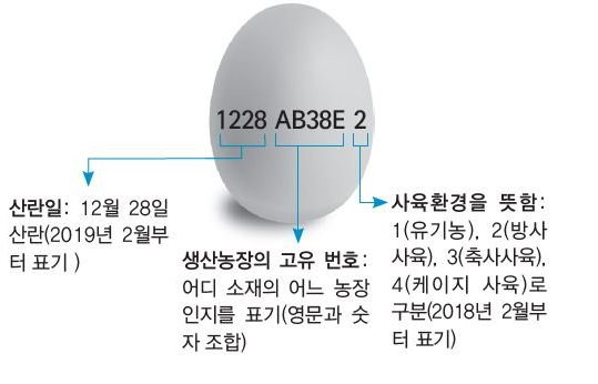 1228-AB38B-2-1228-산란일-AB38E-생산농장의고유번호-2-사육환경-1-유기농-2-방사사육-3-축사사육-4-케이지사육