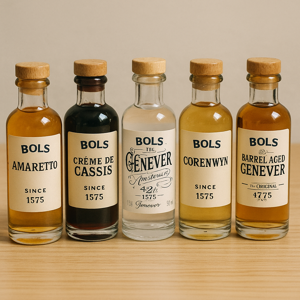 스키폴 공항 면세 구역 Bols Genever 주류 미니어처 세트 (병 모양 강조한 사진 (클래식한 유리병 컷))