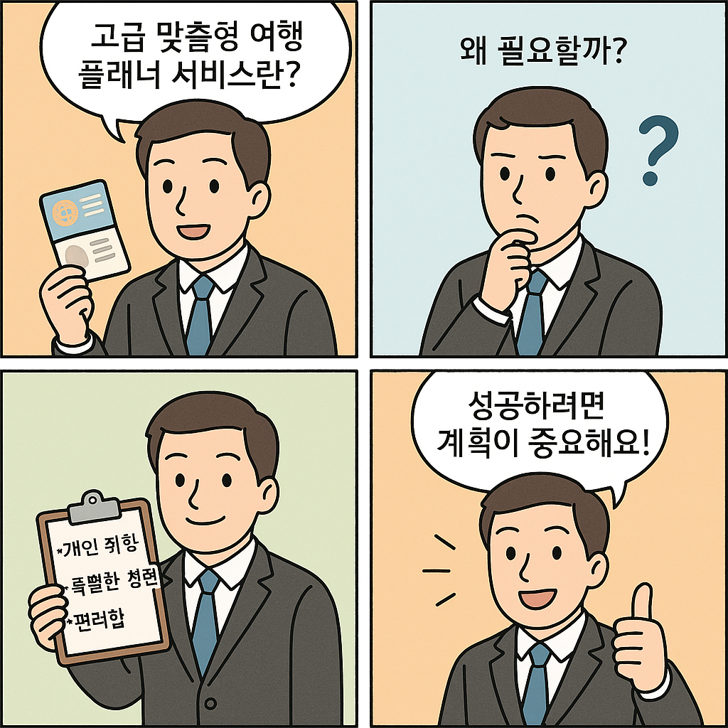 한국어 대체텍스트:

첫 번째 컷: 정장을 입은 남성이 “고급 맞춤형 여행 플래너 서비스란?”이라며 여권을 들고 있음.

두 번째 컷: 남성이 “왜 필요할까?”라며 고민하는 표정.

세 번째 컷: 남성이 클립보드에 “개인 취향, 특별한 경험, 편리함”이라 적힌 내용을 보여줌.

네 번째 컷: 남성이 “성공하려면 계획이 중요해요!”라며 엄지를 들어 미소 짓는 모습.
