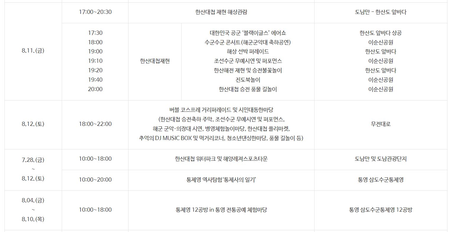 2023 통영한산대첩축제 행사 프로그램 일정 주차장 식당 숙소