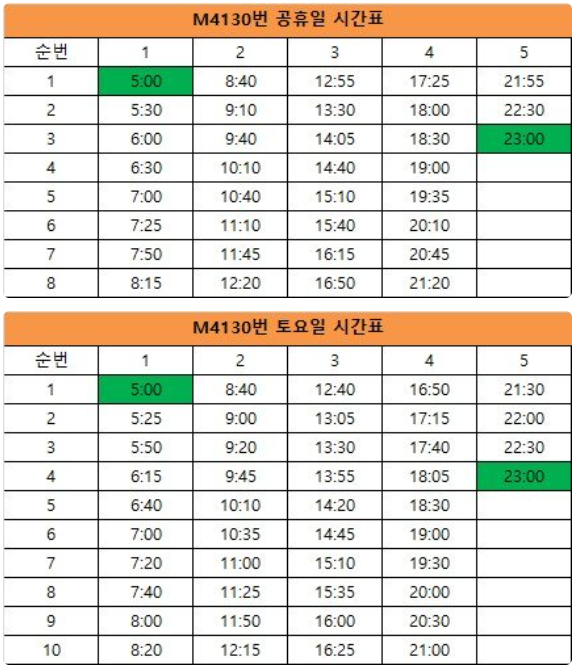 M4130 버스 시간표 (토요일, 공휴일)