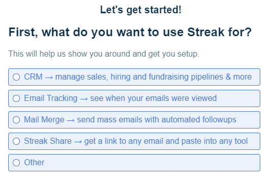 Streak 이용 목적 선택 화면