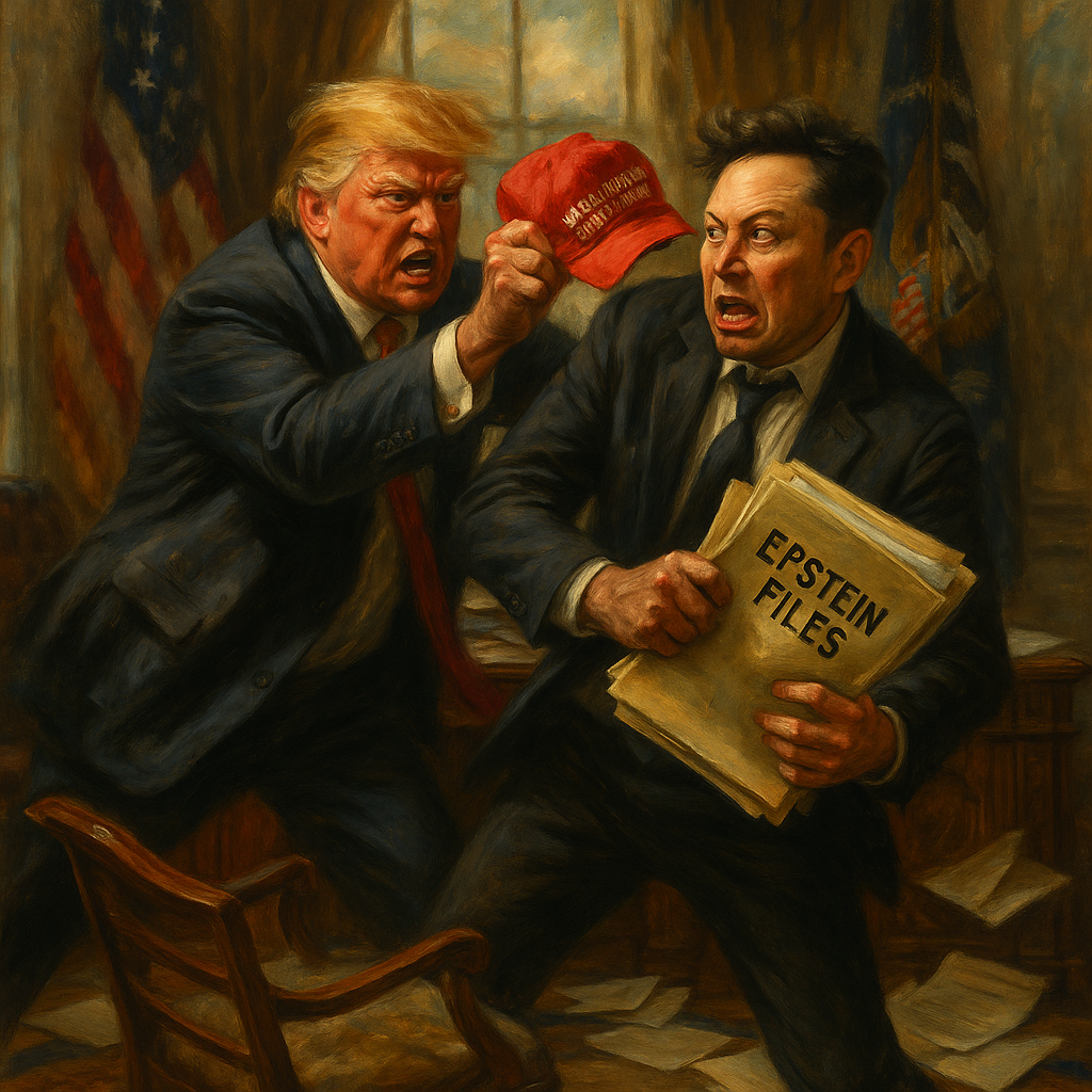 오벌 오피스에서 트럼프가 머스크의 MAGA 모자를 낚아채고, 머스크는 'Epstein Files' 문서를 움켜쥔 유화풍 그림
