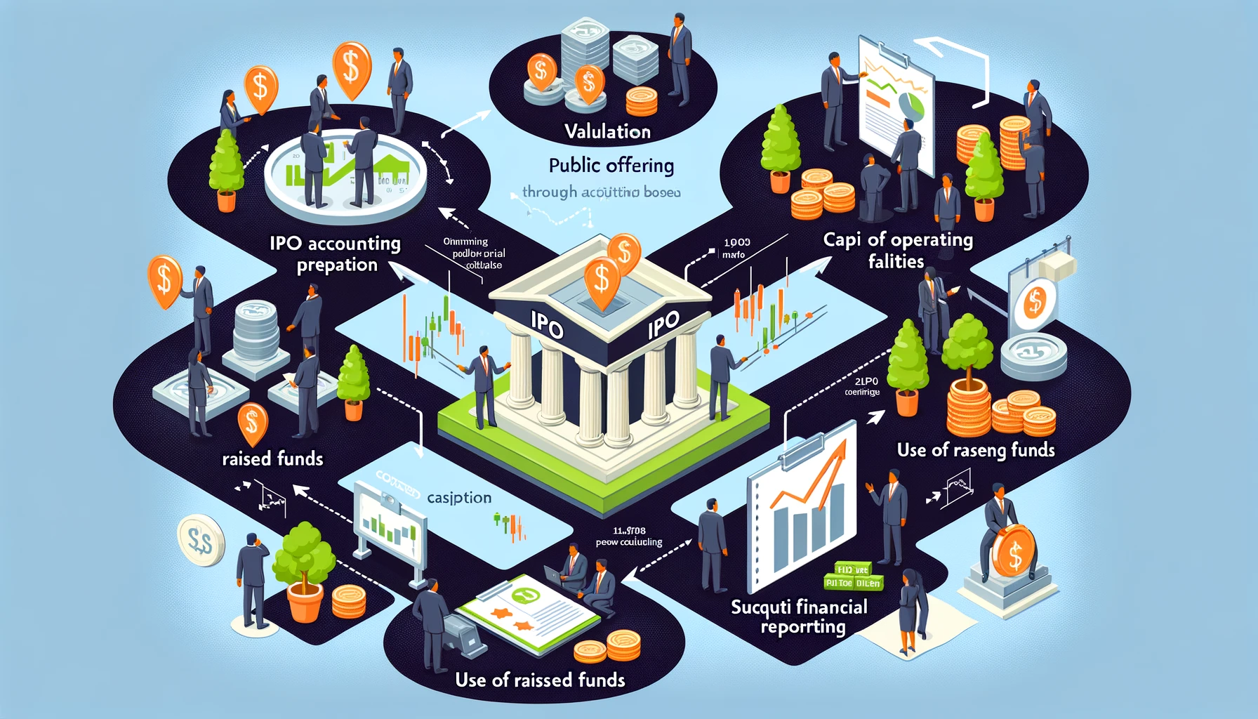 The image includes a flowchart or diagram that shows the steps of IPO preparation&#44; capital raising through public offering&#44; the use of raised funds&#44; and subsequent financial reporting.