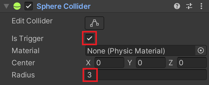Player 객체의 Sphere Collider 설정