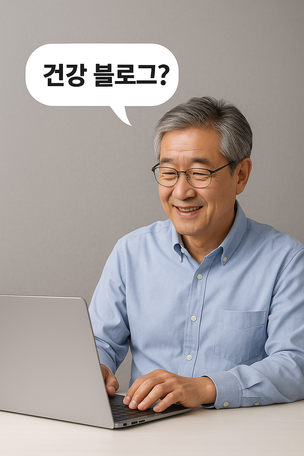 Smiling senior man in his 50s sitting at a desk using a laptop, with a speech bubble that says '건강 블로그?' (Health blog?) in Korean