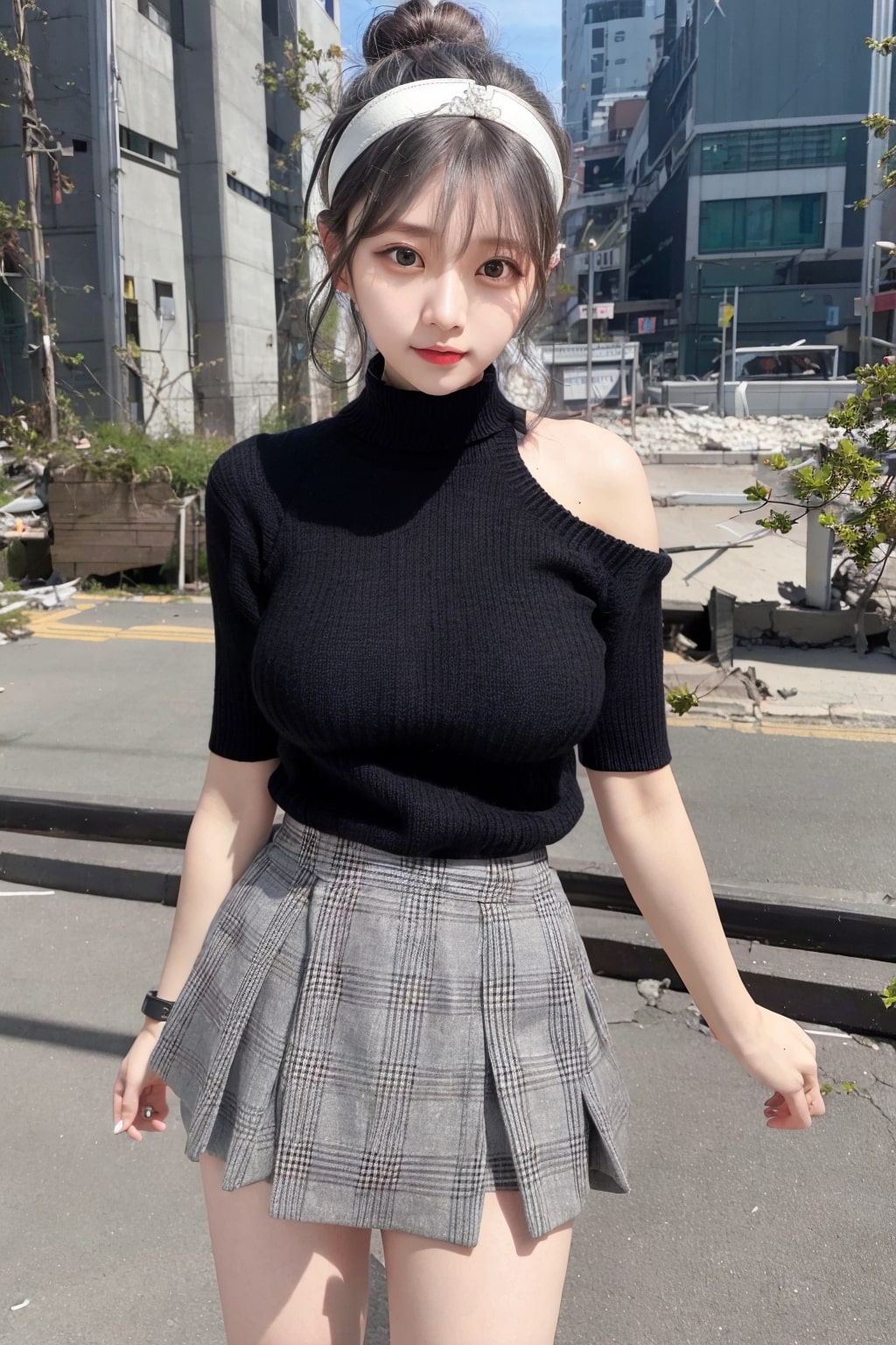  스웨터에 미니스커트 입고 데이트 나오는 여친 그려줘