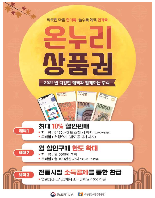  [중소벤처기업부] 추석 맞이 온누리상품권 최대 10%할인 특별판매 실시
