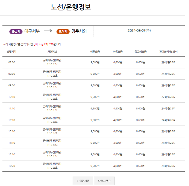 대구서부 시외버스터미널 시간표