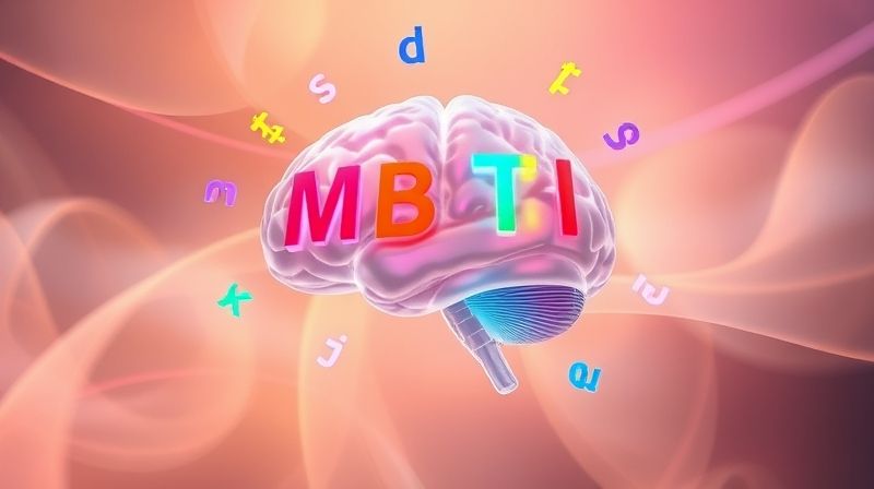 다양한 MBTI 글자가 떠다니는 뇌 이미지, 성격 분석과 자기 발견을 상징