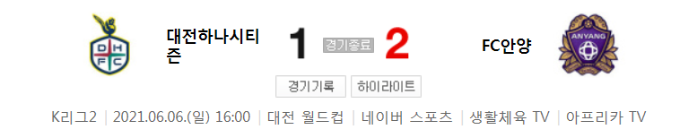  K리그2 / 국내축구 - 대전 VS 안양 (1 - 2) 2021시즌 15라운드 하이라이트 (2021년 6월 6일)