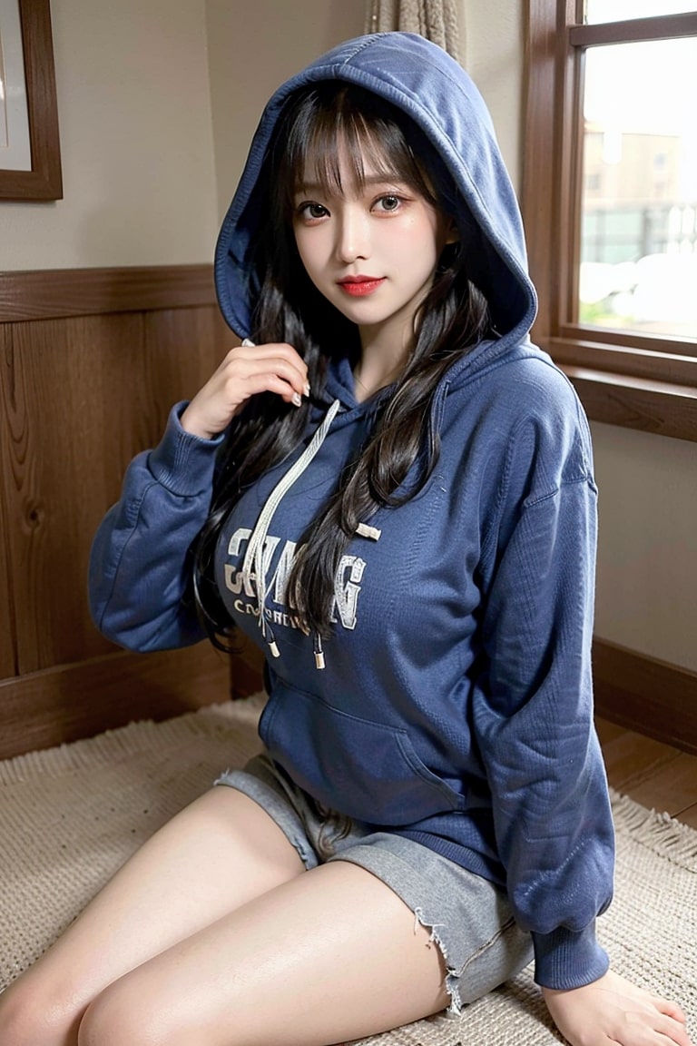  후디에 숏쇼츠 바지 입은 AI여자 만들기 그리기