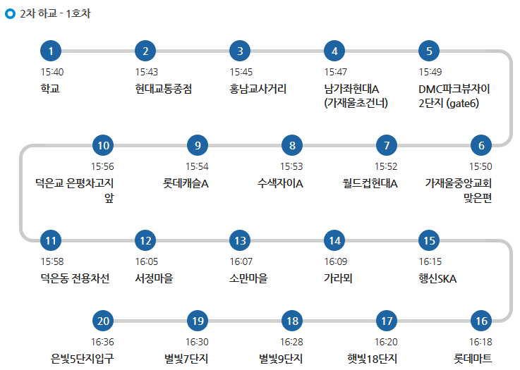 명지초 1호차 셔틀 월/화/목/금 2차 하교 노선 시간표