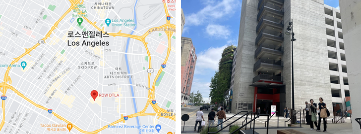 ROW DTLA 지도 사진(왼쪽)과 전용 주차장 건물 사진(오른쪽)