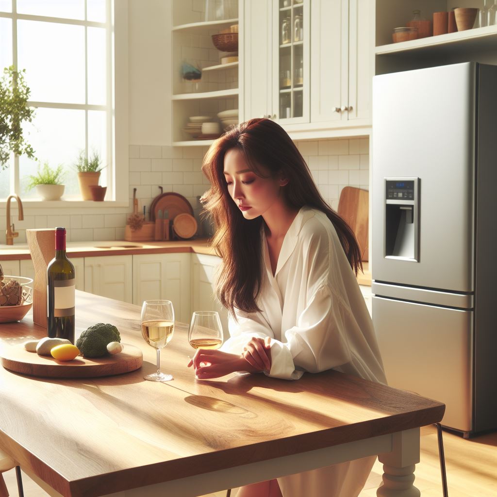 화창한 날씨에 볕이 잘 드는 통 창을 가진 집의 부엌(냉장고와 아일랜드 식탁이 있으며&#44; 전체적으로 흰색 톤)에서 헐렁한 와이셔츠를 걸친 예쁜 40대 한국인 주부가 우울한 모습으로 와인을 마시는 모습