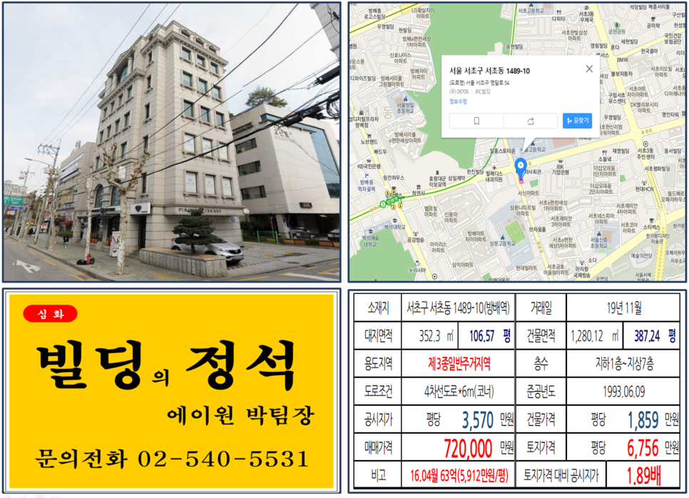  [서초구 서울고등학교 앞 코너빌딩 실거래가 조회] 서초동 1489-10 (방배역) 72억 원, 평당 6,756만 원, 서울고등학교, 상문고등학교 사거리 코너빌딩