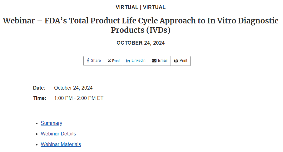 [US, FDA] Webinar – FDA’s Total Product Life Cycle Approach to In Vitro ...