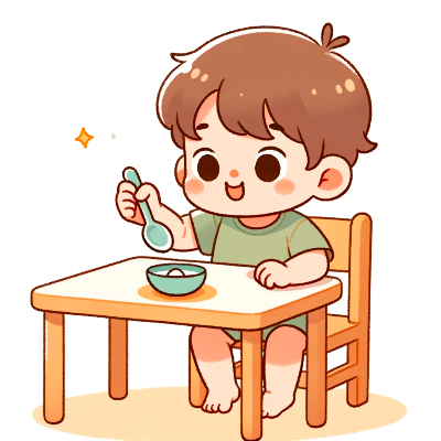 A child learning to eat with a spoon by themselves.