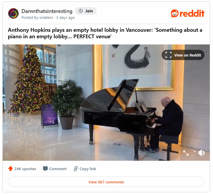영화계의 전설 앤서니 홉킨스&#44; 호텔 로비에서 즉석 피아노 연주 VIDEO: Sir Anthony Hopkins Delivers Impromptu Piano Performance in Empty Hotel Lobby