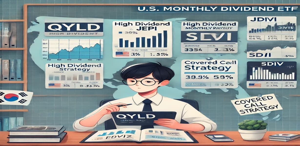 2025년 미국 월배당 ETF QYLD, JEPI, SDIV를 비교 중인 투자자의 모습