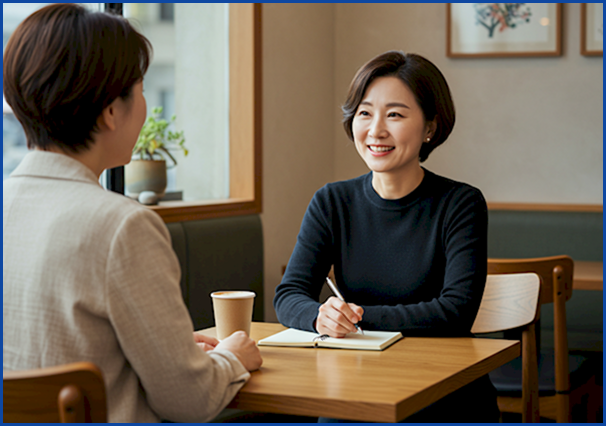 경력 단절을 극복한 40대 여성이 자신의 성공 경험을 인터뷰하며 이야기하고 있다.