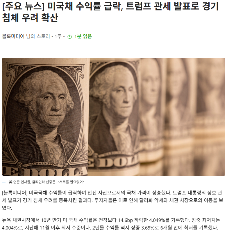미국채 수익률 급락, 트럼프 관세 발표로 경기 침체 우려 확산
