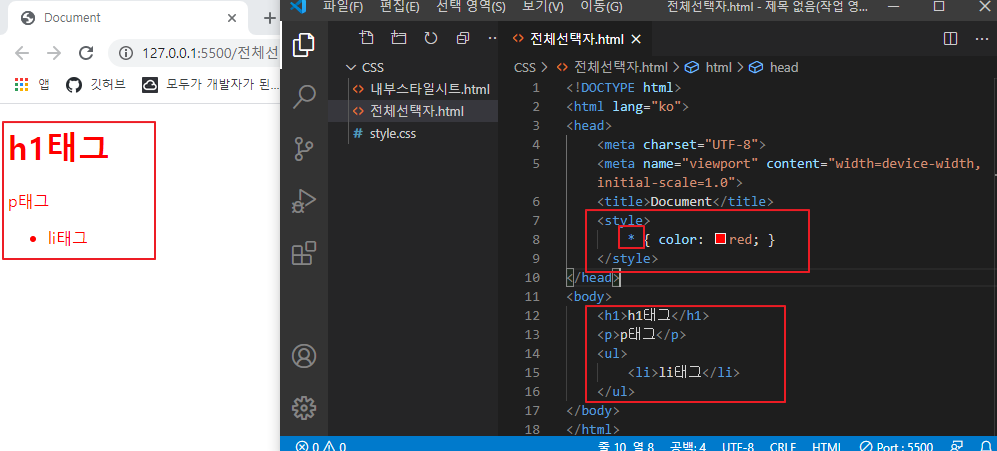 전체 선택자 사용 예시 이미지