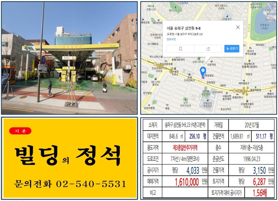 [송파구 백제고분로 100억 꼬마빌딩 실거래가 조회] 삼전동 9-8,23 (석촌고분역) 161억 원, 평당 6,287만 원 매매되었습니다. 에스오일 주유소