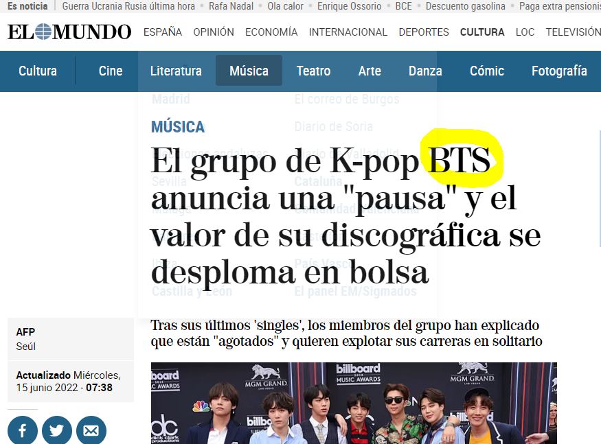BTS 활동 잠정 중단 해외 스페인 언론 EL MUNDO 보도