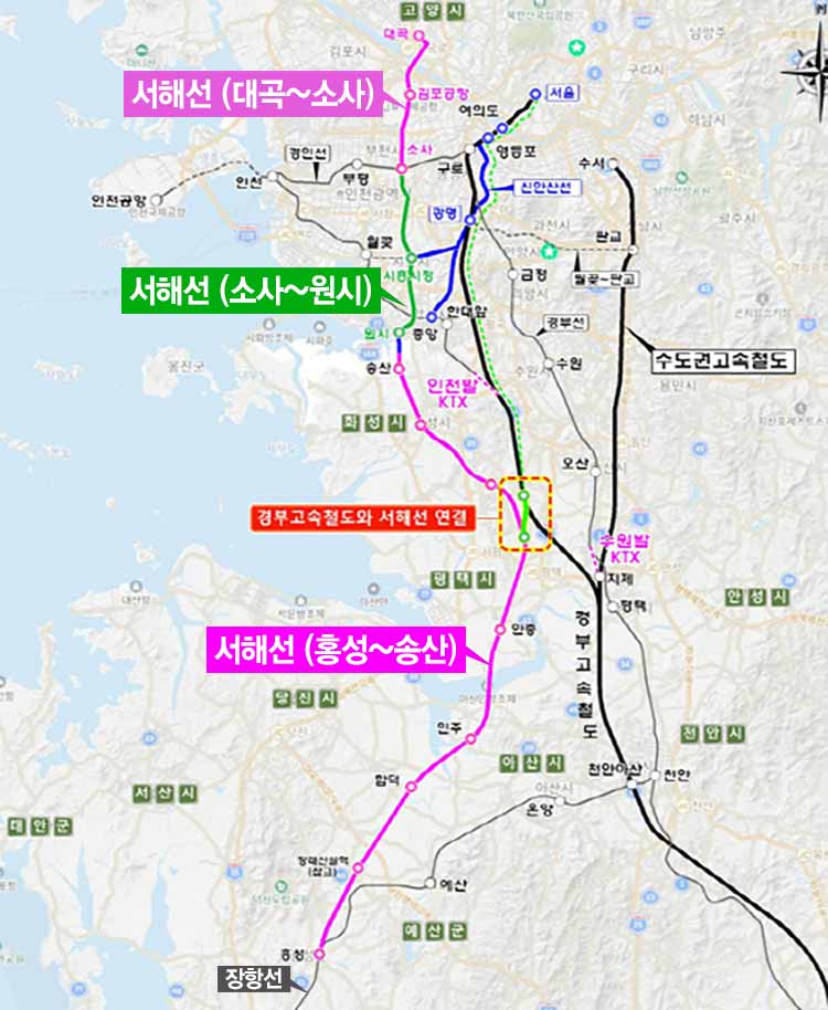 서해선전체구간노선 -경부고속철도연결위치-지도