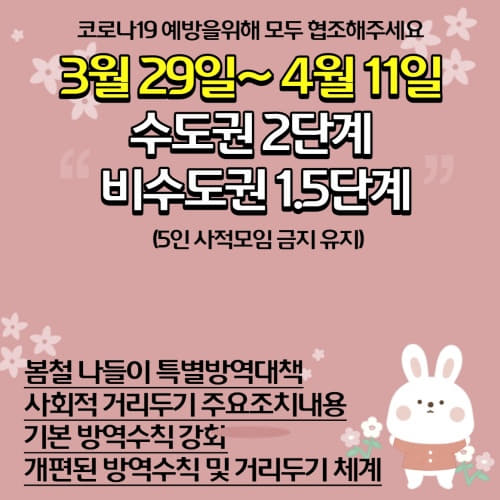  3월 29일~ 4월 11일 사회적 거리두기 수도권 2단계, 비수도권 1.5단계(5인 사적모임금지 및 예외사항 유지)