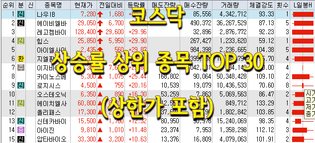  코스피/코스닥 상승률 상위(상한가 포함) 종목 TOP 30 (0610)