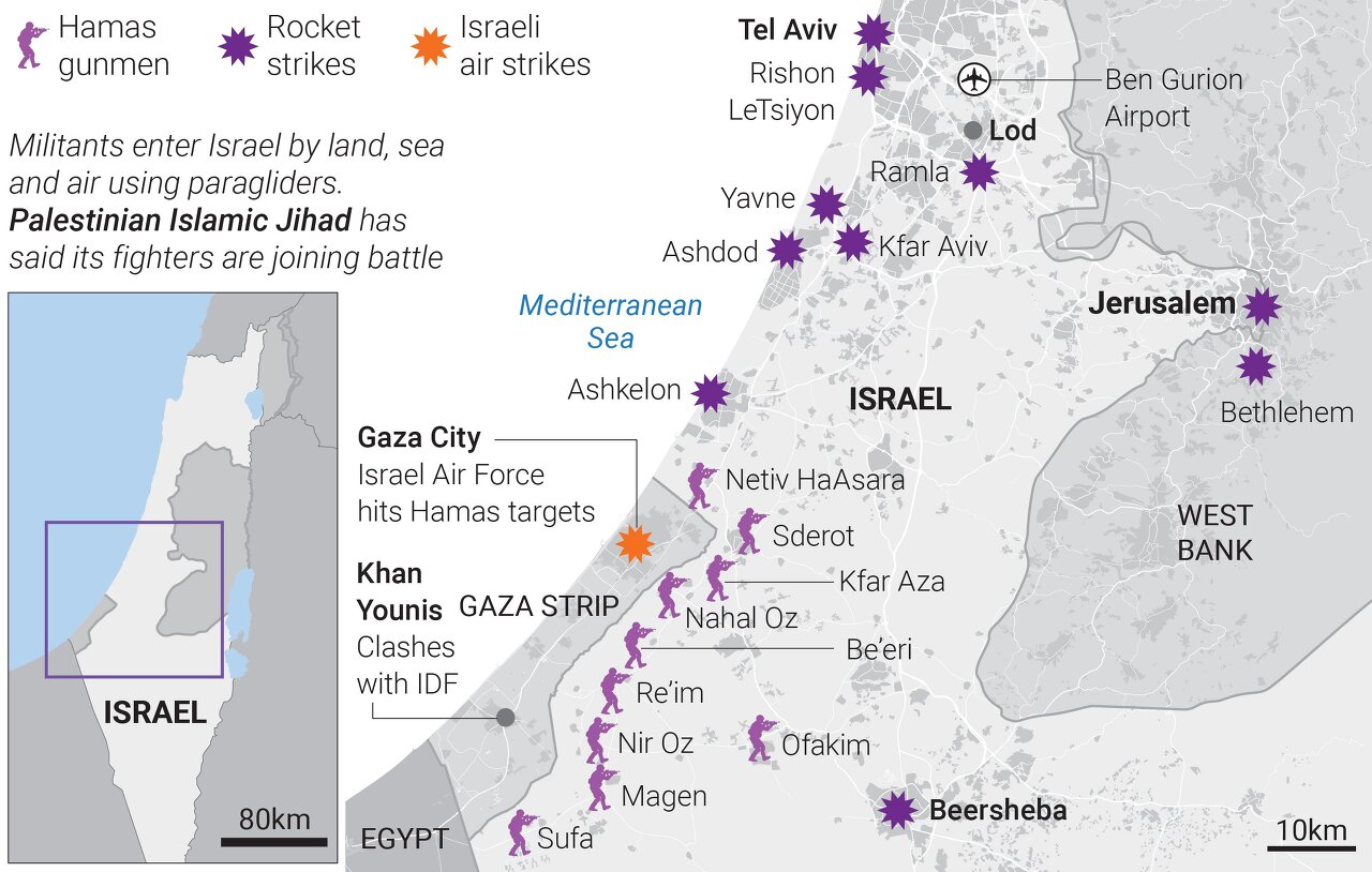 map expressing where hamas and Israel are fighting &#44; Israel air strikes&#44; rocket strikes&#44; hamas gunmen&#44; gaza
