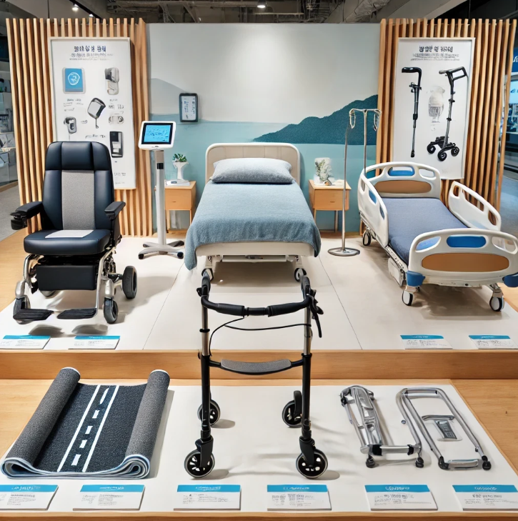 복지용구(보행기, 전동침대, 미끄럼방지 매트) 전시된 모습