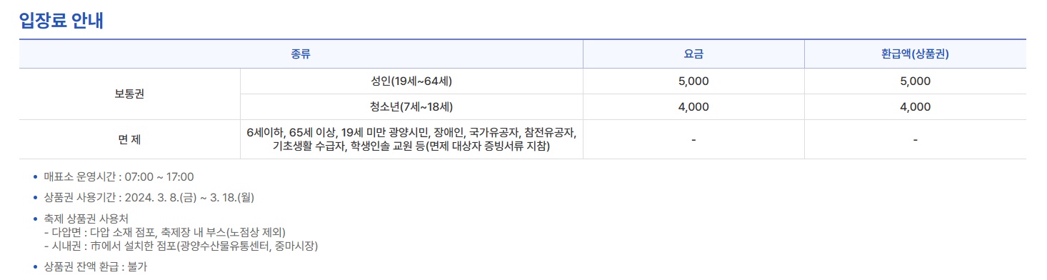 광양매화축제 입장료 (출처 홈페이지)