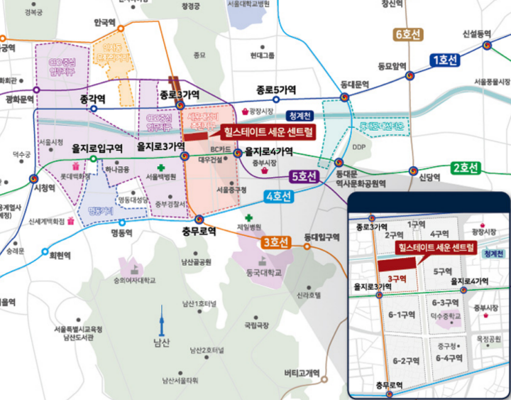 힐스테이트세운센트럴-주변-지하철노선과-관공서-기업등-업무지구가-표시된-지도