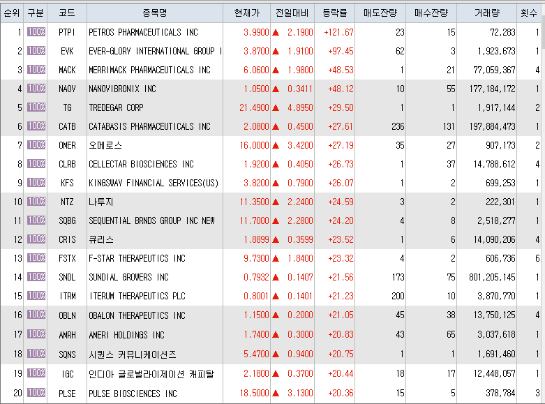  12월2일 미국주식 상승률 상위 종목 TOP 200