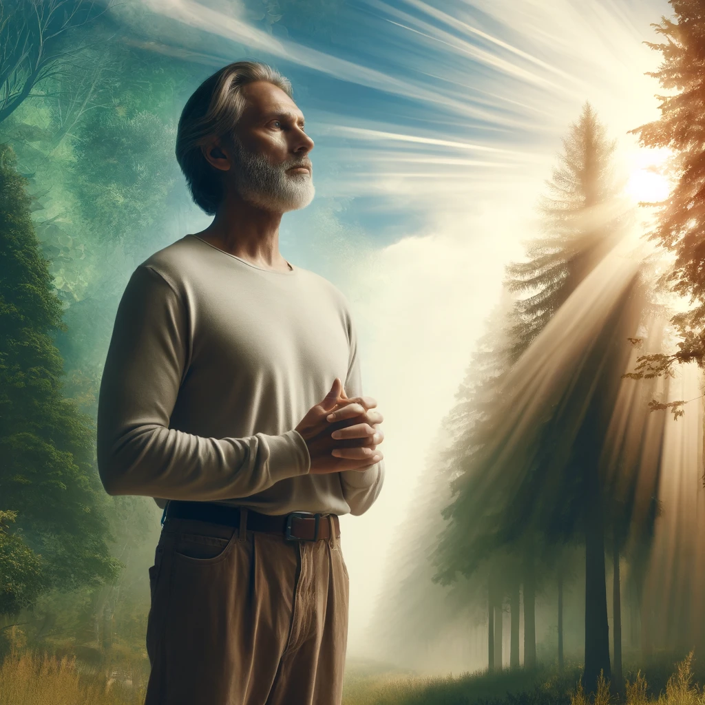 Here is the image depicting a person living a life guided by faith&amp;#44; growing through the standards set by their beliefs. The scene captures moments of tranquility and inspiration&amp;#44; portraying the individual in a serene&amp;#44; peaceful setting.