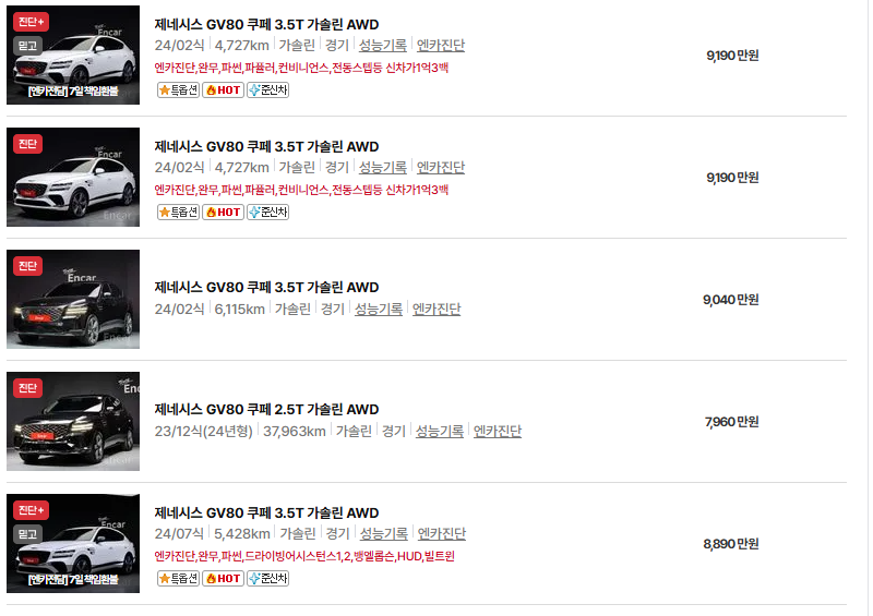 제네시스 GV80 중고차 가격 시세표 유지비