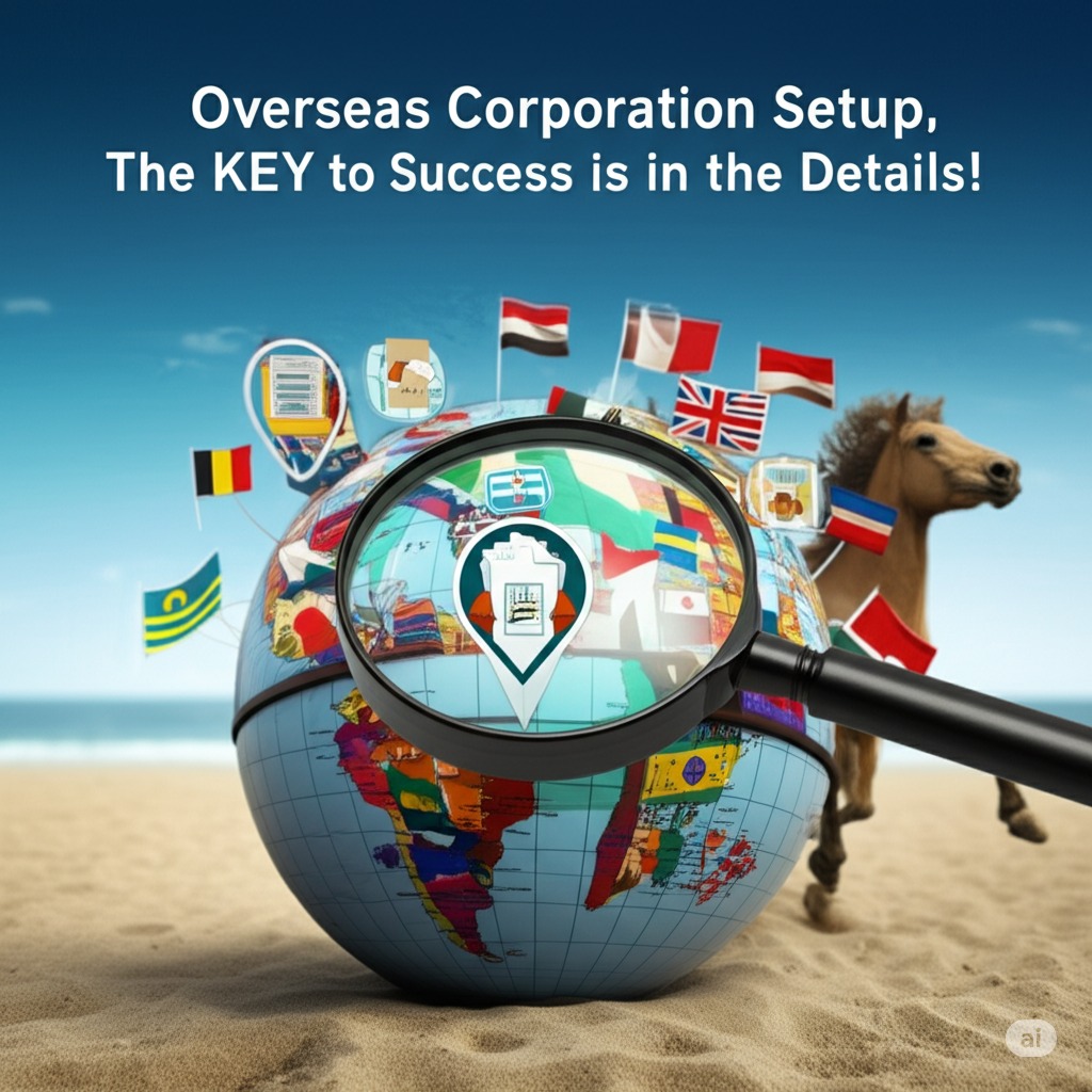 Show me a picture of a majestAn image of a globe with flags of various countries pTM on it. A magnifying glass is enlarging one of the locations, showing icons of incorporation documents and shaking hands. The background is a world map or a view from an airplane window. The text &quot;Overseas Corporation Setup, The KEY to Success is in the Details!&quot; is emphasized at the top.ic horse running on the beach.