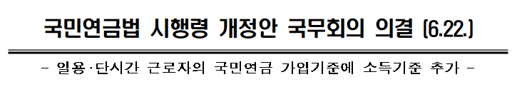 [보건복지부] 국민연금법 시행령 개정안(일용·단시간 근로자의 국민연금 가입기준에 소득기준 추가) 국무회의 의결 (6.22.)