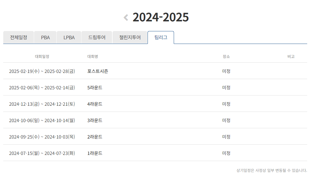 프로당구 2024-25시즌 PBA팀리그 대회일정 (2차 발표)