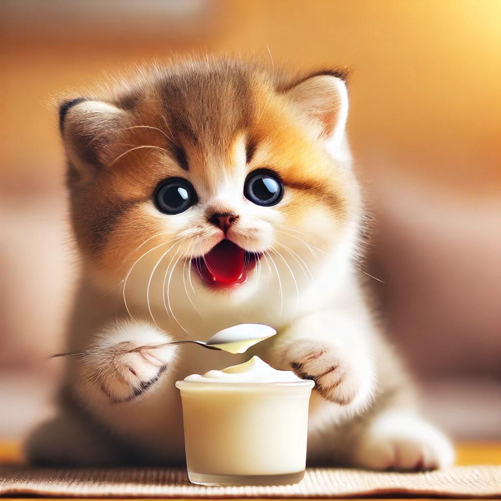 A kitten in a good mood after eating unsweetened yogurt