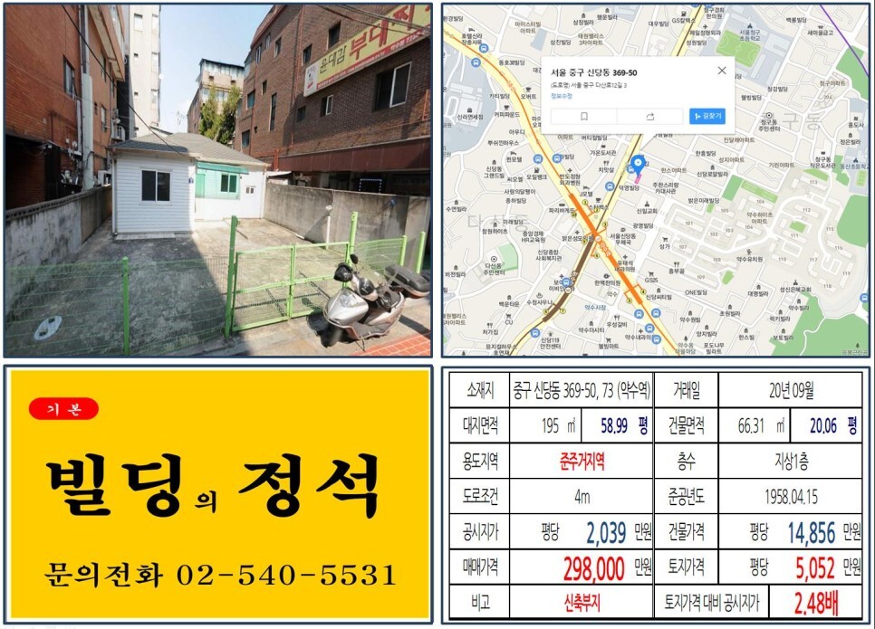  [중구 준주거지역 20억 꼬마빌딩 신축부지 실거래가 조회] 신당동 369-50,73 (약수역) 29.8억 원, 평당 5,052만 원 매매되었습니다. 약수시장 재개발