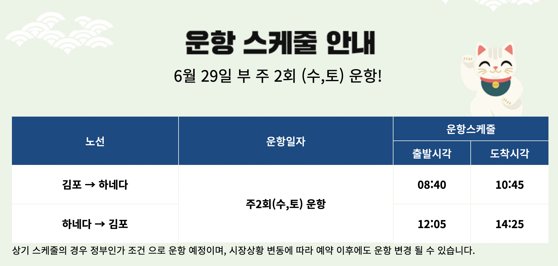 김포-하네다 노선 아시아나 항공 운항 스케줄