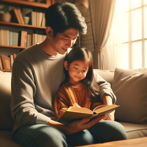 아빠의 품안에서 책을 읽는 여자 어린아이