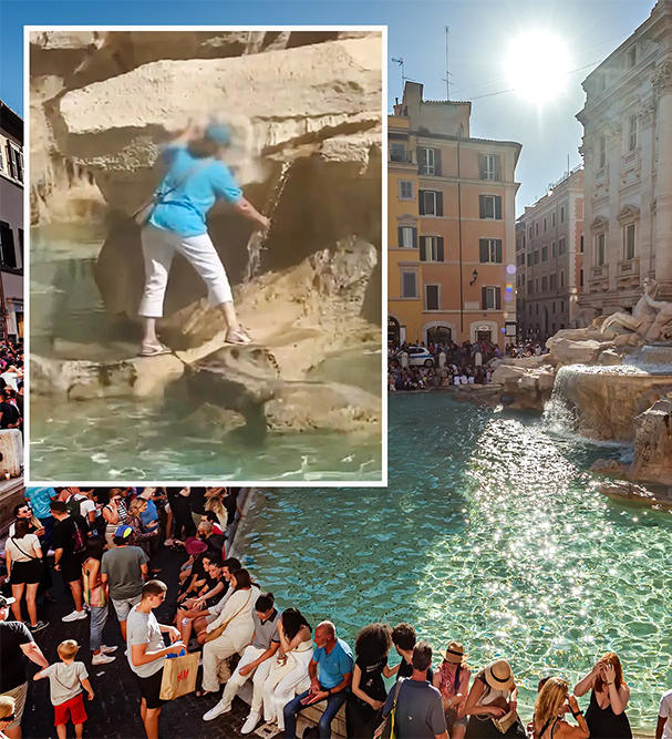 물병 채우기 위해 로마 트레비분수(Rome&rsquo;s Trevi Fountain) 등반하는 여성 