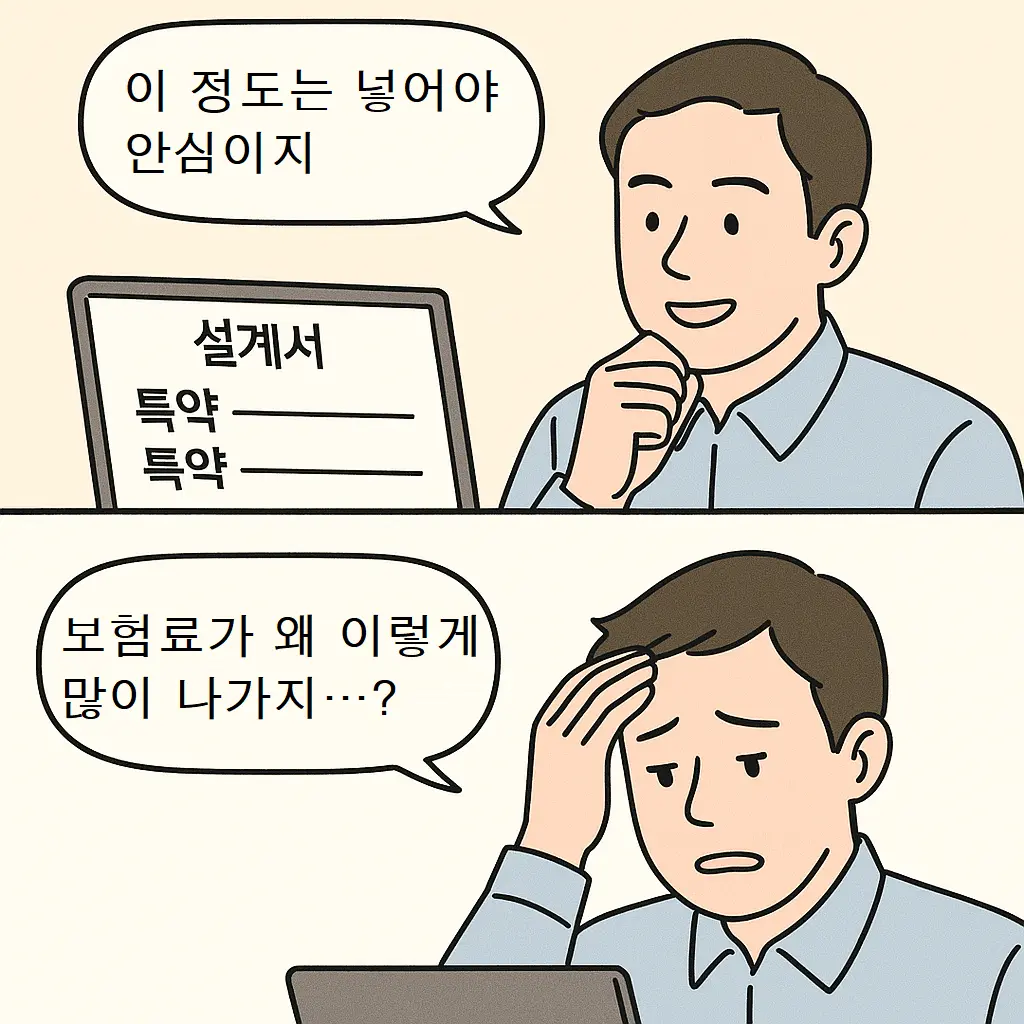 특약을 무분별하게 추가한 가입자가 보험료 청구서를 보고 당황하는 모습