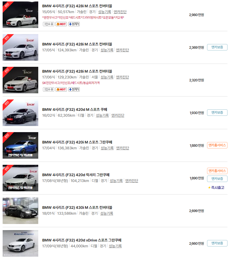 BMW 4시리즈 (F32)(13~20년식) 중고차 가격