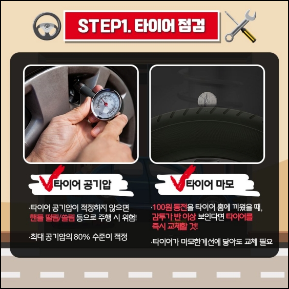 장거리 운행 안전점검 1단계 (타이어 적정 공기압과 타이어 마모 정도 확인)